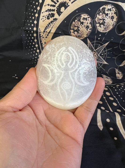 Selenite Triple Moon Goddess Palm Stone